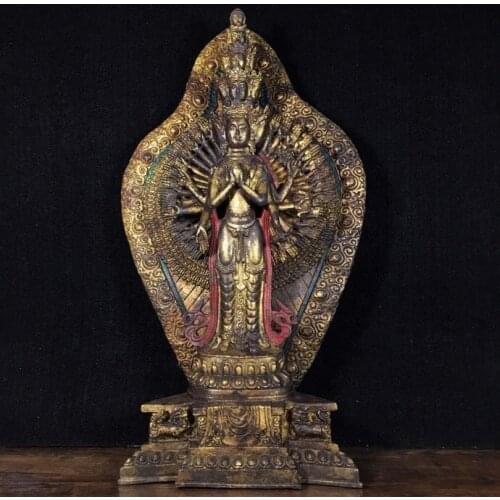15"Tibet Buddhism Temple Old Bronze Cinnabars Thousand-Hand Guanyin Bodhisattva With backlight Amitabha Enshrine the Buddha