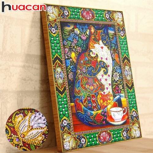 Huacan Special Shaped Diamond Painting Animal Picture Of Rhinestones 5D DIY Partial Round Diamond Embroidery Cat 40x50cm