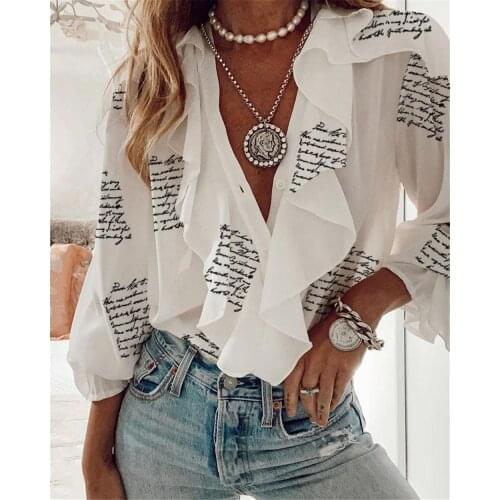 Elegant Butterfly Print Ruffled Chiffon Blouses Shirts Women Sexy V Neck Long Sleeve Button Up Blusas Mujer White Black Blouse