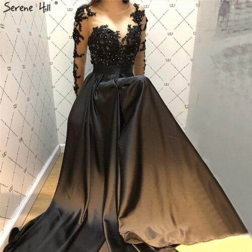 Black O-Neck A-Line Satin Evening Dresses 2020 Long Sleeves Handmade Flowers Crystal Formal Dress Serene Hill LA70441