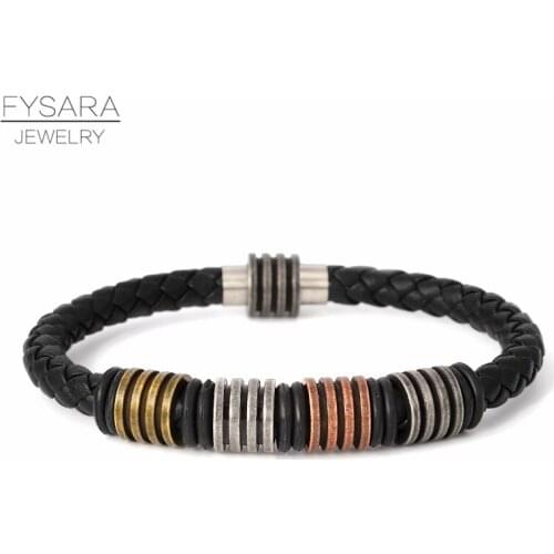 FYSARA Vintage Jewelry Metal Round Pendants Charm Bracelet Couple Stainless Steel Genuine Leather Rope Bracelets Bangles Men