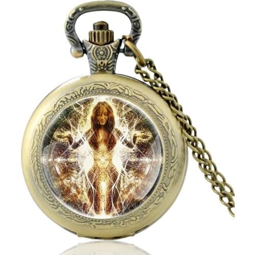 Classic Shamanism Witch Pattern Bronze Vintage Quartz Pocket Watch Charm Pendant Clock Watch Men Women Necklace Gifts