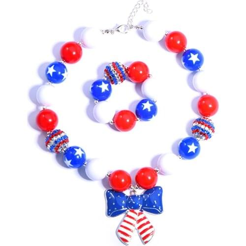 Bow Stars and Stripes Flag Chunky Necklace - Chunky Bubblegum Necklace - 4th of July Jewelry for Kids - United States - USA