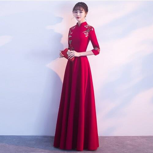 Bride Red embroidery Long Sleeve Chinese Evening Dress Qipao Woman cheongsam Clearance Free shipping