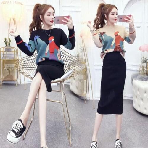 Autumn Winter Two Piece Set Women Long Sleeve Jumpers Sweater and Skirt Set Thick Warm Knitted Outfit Top and Skirt Sets Q801
