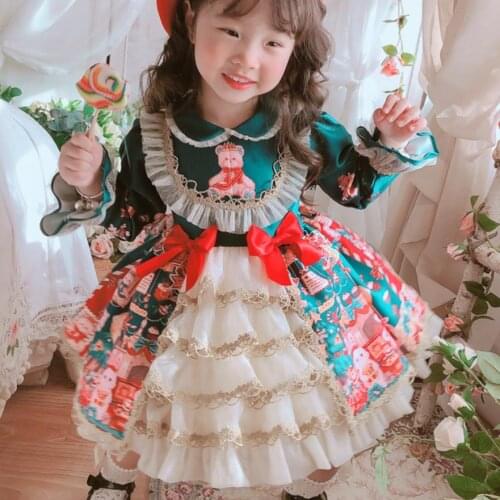 Baby girl vintage Spanish Turkey printed lolita princess dress kids Christmas cute bow party lace mesh stitching ball gown dress