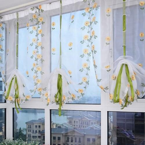 Sheer Floral Curtain Valance Butterfly Embroidered Punch-free Velcro Adjustable Tie Up Window Voile for Livingroom BedroomTJ6196