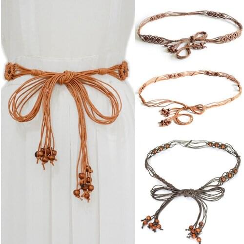 New Fashion Belt Strap Bohemia Handmade Beads Braided Rope Womens Belt Knotted Tassels Waist Belt Strap Dress Slim Waistband