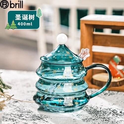 Christmas Tree Glass Mug with Lid and Handle Extra Large Cup Coffee Breakfast Drinking Cups for Adults Caneca Gifts for Girls