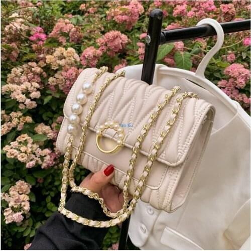 YaoKu Gentle Wind Pearl Chain Bag 2021 New Fashion Bag Womens Crossbody Popular Design Personality Lock Shoulder Bag purse