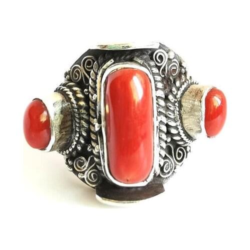 Nepal Hand 925 Sterling Silver Inlaid Bamboo Coral Lovely Rings for Girls Vintage Jewelry T9047