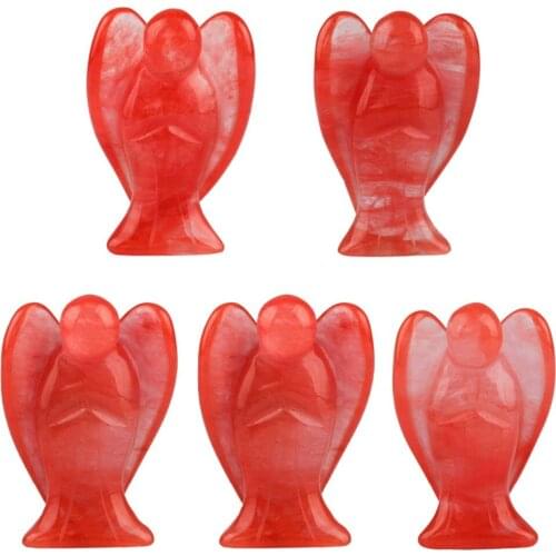 TUMBEELLUWA 1Lot (6Pc) Cherry Quartz Crystal Carved Guardian Angel Pocket Statues Figurines 1.5"