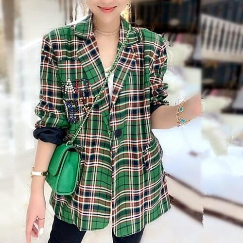 Spring green plaid print coat ladies British style colorful diamond beaded blazer bomber jacket Casaco Feminino NZ28