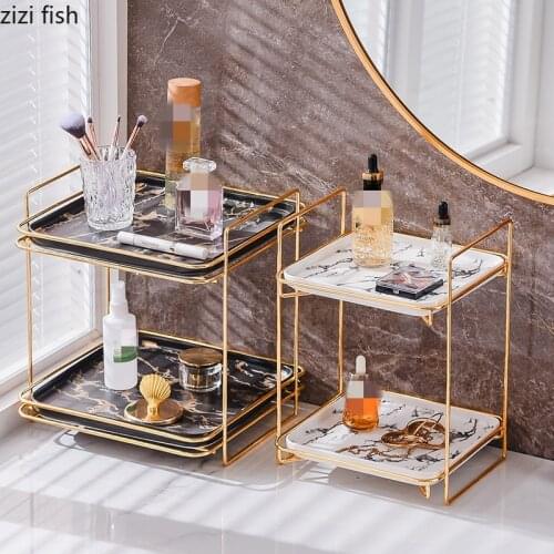 Iron Art Black White Marbling Ceramic Storage Rack Square Double Layer Shelf Desktop Cosmetic Organizer Decoration Storage Tray