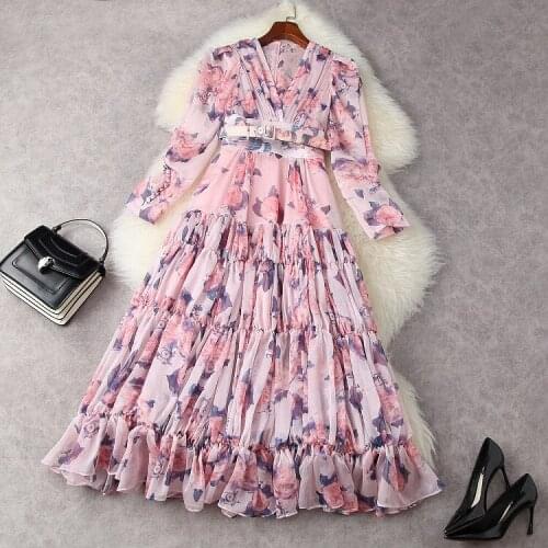 European and American womens clothing spring 2021 new Long-sleeved v-neck Floral print belt Fashion pleated dress