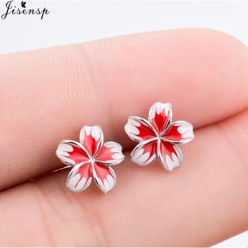Jisensp Cute Cherry Blossoms Flower Earrings for Women Boucle d'oreille Fashion Crystal Red Flower Stud Earrings Jewelry Brincos