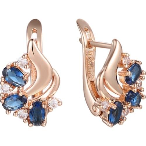 FJ Women Chic 585 Rose Gold Color Royal Blue Stone Weaving Dangle Drop Earrings