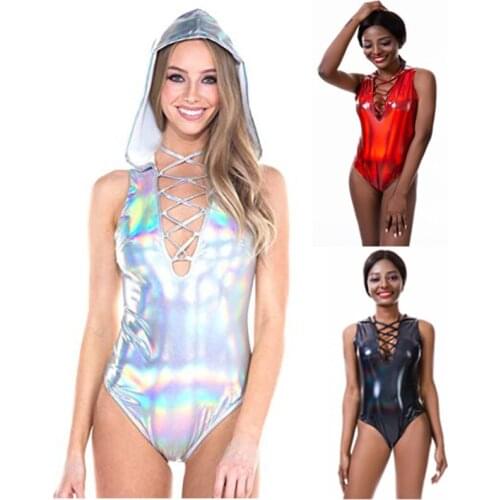 Ensnovo Women Shiny Suit Ballet Dance Wear Sleeveless Bodysuits Leotard for Women Tights Nylon Suit Metallic Unitard with Hooded