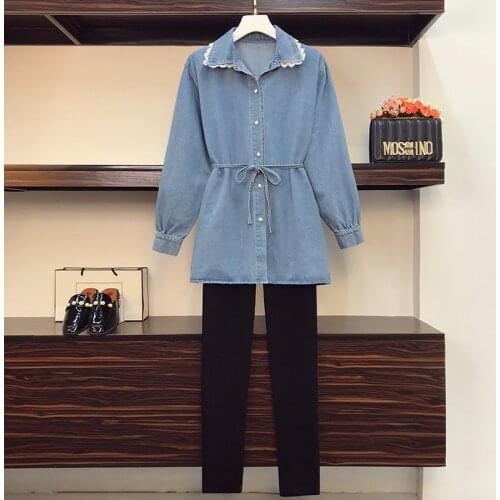 Casual Jeans Suit Women Denim Two Pieces Set Blue Long Sleeve Jeans Top&Long Pants Slim Tracksuit Outfits 2021 Spring Autumn big
