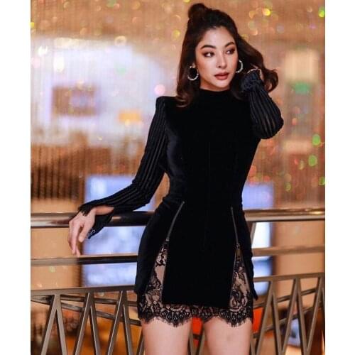 Women Winter Style Sexy Long Sleeve Zipper Lace Black Mini Bandage Dress 2020 Elegant Evening Party Dress Vestidos