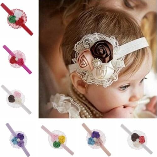 2018 kid Hair accessories newborn lace flowers hair band satin ribbon roses children elastic rhinestone handbands headwear