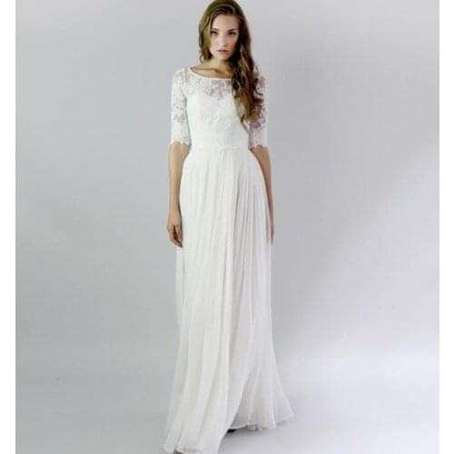 2021 New Elegant Simple A-Line Round Neck Chiffon Vintage Half Sleeve Sexy Illusion Back Floor Length Wedding Gown Wedding Dress