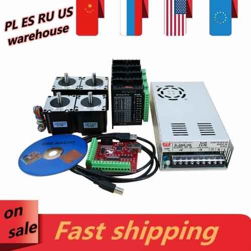 4 axis Nema23 stepper motor kit include 4 pcs 1.2Nm engine + 4 pcs TB6600 Microstep driver + 1 pcs power + mach3 controller card