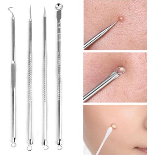 4Pc/Set Stainless Steel Blackhead Removal Kit Acne Blemish Pimple Extractor Remover Needles Cosmetic Face Cleaning Tool Sliver