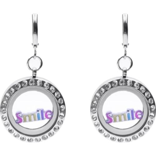 5Pairs Stainless Steel 20mm Crystal Round Glass Memory Floating Locket Pendant Hoop Earrings For Women Party Gift Jewelry