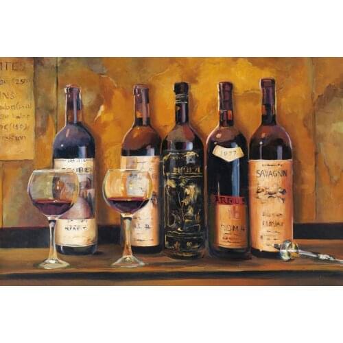 Canvas art Abstract oil painting still life wine bottle fruits pictures for Kitchen dinning room 100% Hand painted Contemporary