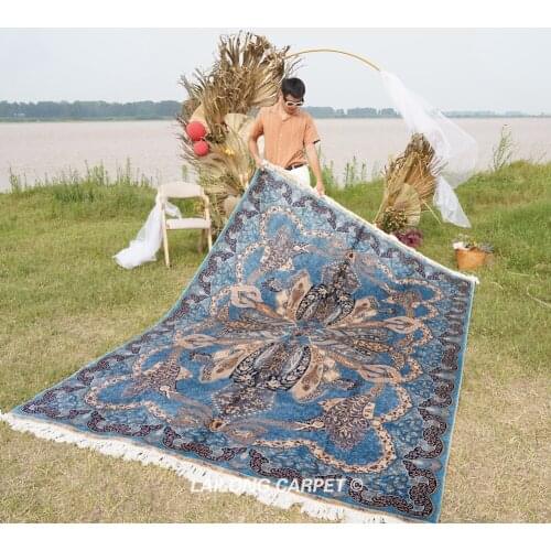 2x3m Large oversize blue oriental floor rug hand knotted persian silk carpet (YWX138A)
