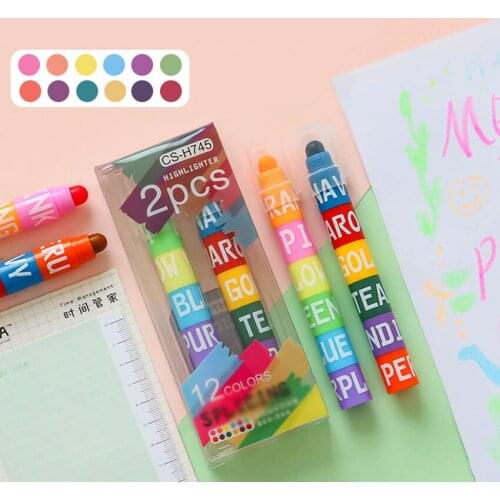2PCS/Set Gel Highlighters Solid Highlighter Stick Marker Highlighters Pen, 12 Assorted Color, Office School Supplies Student