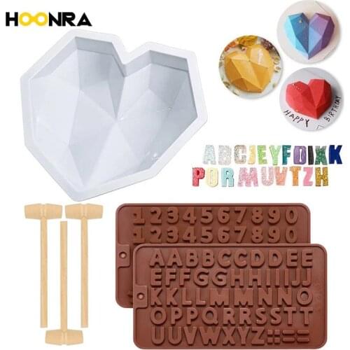 HOONRA 5Pcs Diamond Heart Shape Silicon Mould Mold 3D Letter Chocolate Mold Mousse Dessert Cake Mould Kitchen DIY Baking Tools