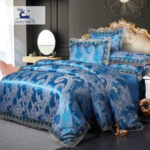 Liv-Esthete Jacquard Luxury Home Decor Lace Duvet Cover Blue 100% Cotton Flat Sheet Bed Fitted Sheet Mattress Cover Elastic Band