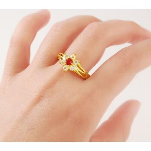 Wholesale Fashion 24k GP Women Rings Jewelry Pure Gold Color Delicate Flower with Luxury Red Stone for Women Wedding Accessories