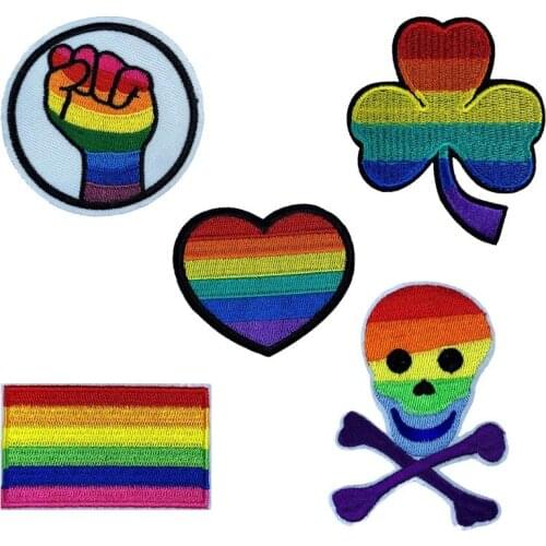Cartoon Punk Skull Flag Patches Rainbow Embroidered Iron On Patch For Clothes Gay Pride Backpack Applique Rainbow Sticker