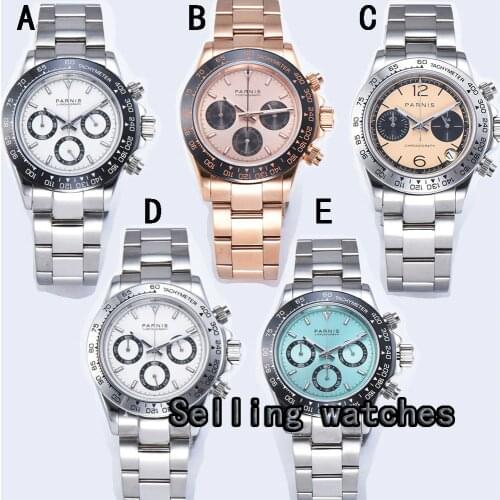 39mm PARNIS blue dial sapphire cermaic bezel full Chronograph quartz mens watch