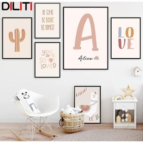 Nordic Personalized Name Canvas Poster Boho Alpaca Cactus Painting Print Love Quote Wall Art Picture for Baby Room Decor