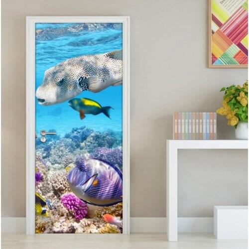 Underwater World Coral Fish Modern Living Room Bedroom Bathroom Door PVC Mural Wall Sticker Waterproof Self-adhesive Wallpaper
