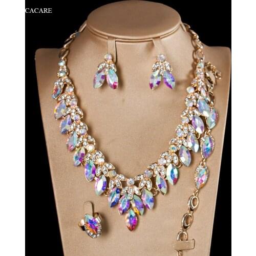 SALE 4 Pieces Jewelry Sets Women Big Necklace Earrings Ring Bracelet Set Indian Jewellery F1165 Rhinestone Party Jewels 6 Colors