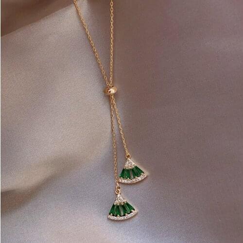 Luxury Female Green Zircon Fan Shape Pendant Necklaces For Women Fashion Jewelry Gift