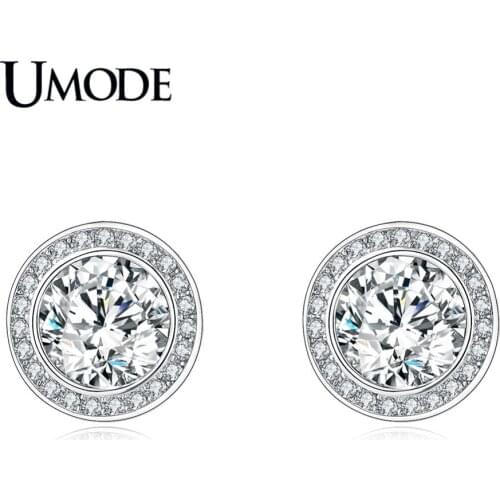 UMODE Cute Clear Round Zircon Stud Earring for Women New Earrings White Gold Color Luxury Zircon Jewelry Pendientes AUE0454