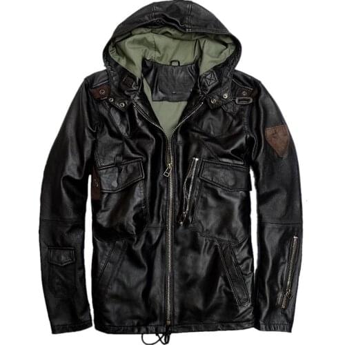 European Star Windbreaker Coats Hooded Lambskin Leather Jackets and Coats Mens Genuine Leather Sheepskin Jackets Coat 5XL Plus