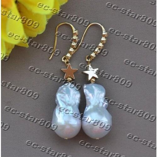 Z11368 26mm White Baroque Keshi Reborn Pearl Star Dangle Earring CZ