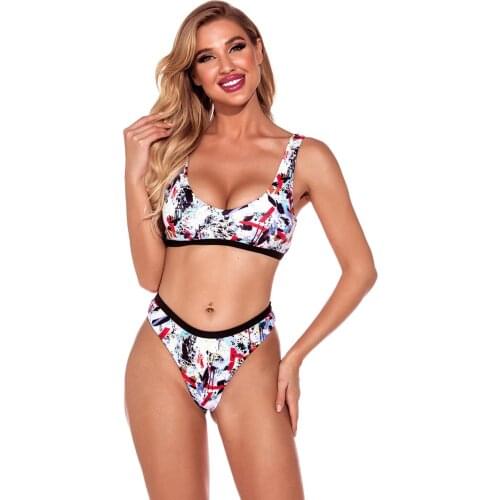 2pcs Women Swimsuits Bikini Set Push-Up Padded Top Pure Color Bandage Printing Thong Swimwear Sexy Beachwear 2021