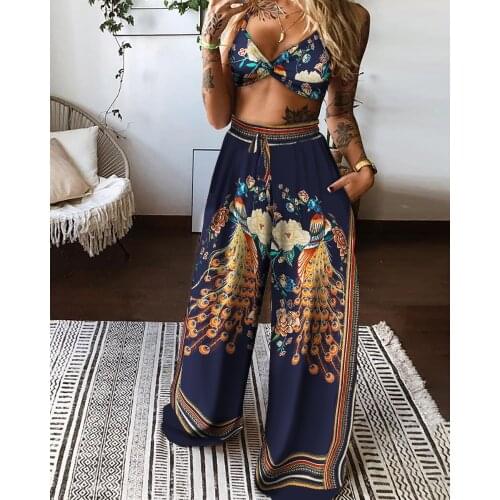 Two Piece Women Butterfly Print Set V Neck Sleeveless Crop Top Wide Leg High Waist Pants Female Fashion Summer Outfits 2021 New