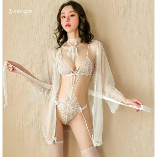 Womens fun underwear sexy hollow out lace soft yarn rose three-point bead bow one-piece belly pocket sexy lingerie