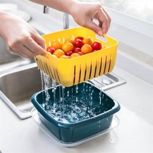 1PC Double-Layer Drain Basket Lid Refrigerator Crisper Multifunctional Square Washing Vegetable Fruit Basket Kitchen Organizer