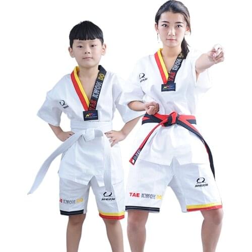2020 wholesale cotton breathable junior Taekwondo Dobok child girls and boys WTF approve Karate uniform suit training clothes