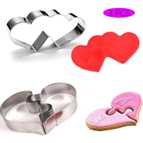 3Pcs 3D Heart Shaped Cookie Cutter DIY Wedding Love Puzzle Cookies Mold Biscuits Stamp Maker Kitchen Metal Baking Pastry tool
